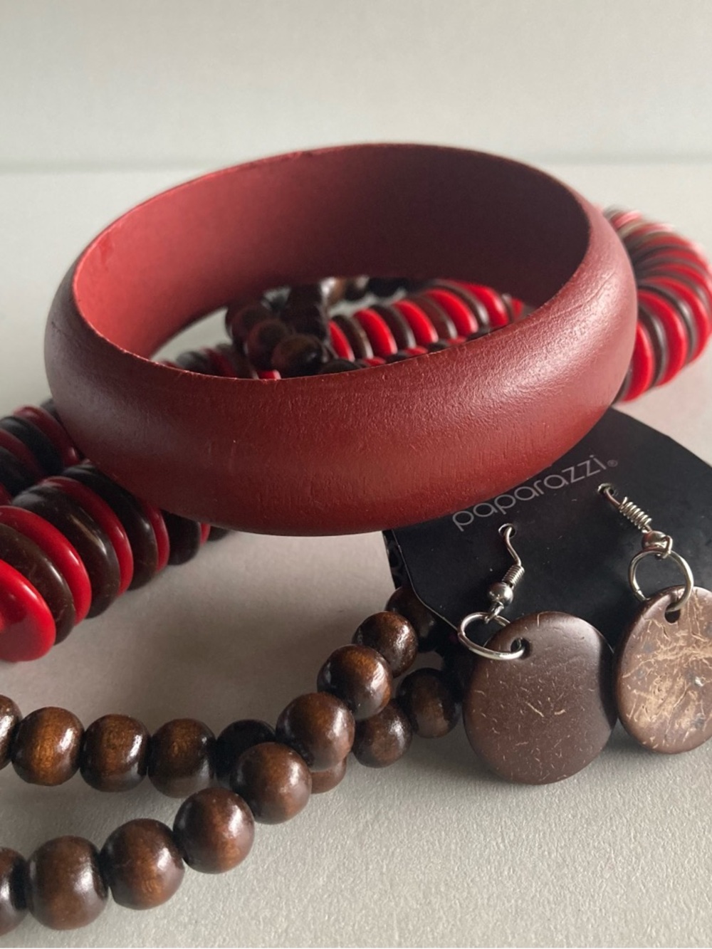 NWT and nwot paparazzi Red and Brown necklace earring Bracelet Set